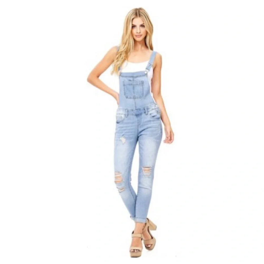 Wax Jeans Women's Juniors Ankle Length Skinny Leg Denim Overalls - Picture 2 of 15